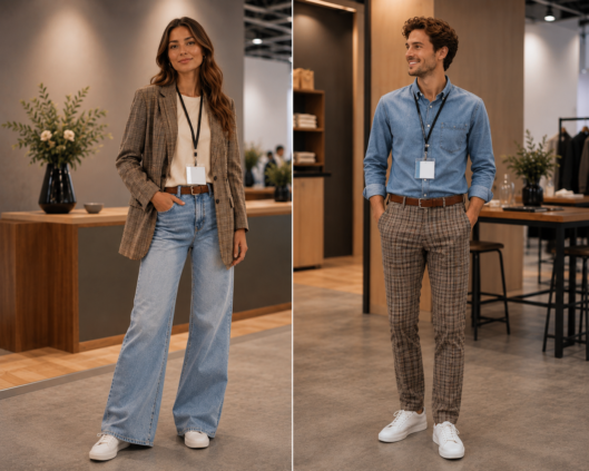 Zwei Personen in Karoblazer und Karohose in warmen Brauntönen in einem Showroom