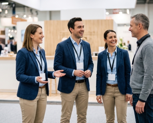 Drei Mitarbeitende in einheitlicher Messekleidung begrüßen einen Besucher am Messestand