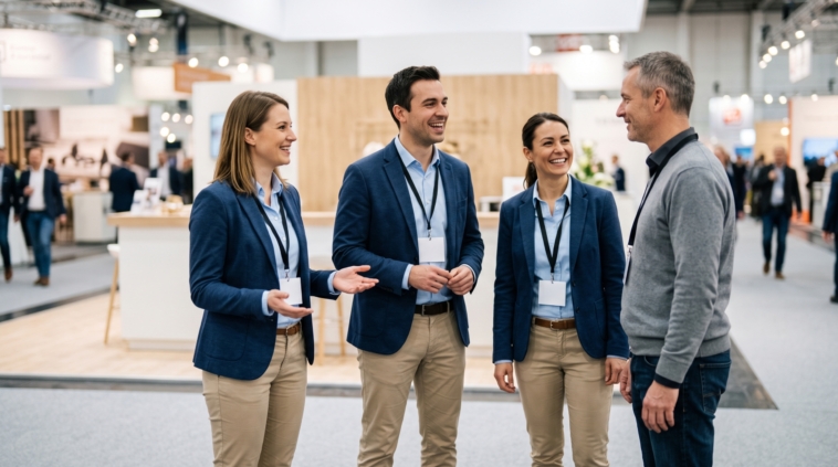 Drei Mitarbeitende in einheitlicher Messekleidung begrüßen einen Besucher am Messestand