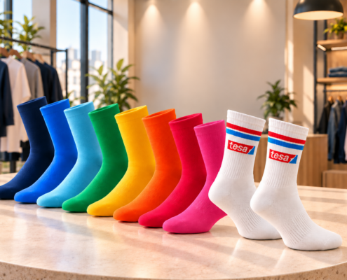 Bunte Socken in Blau, Grün, Gelb, Orange und Pink sowie weiße Sportsocken mit Logo-Branding, aufgereiht in einem modernen Showroom
