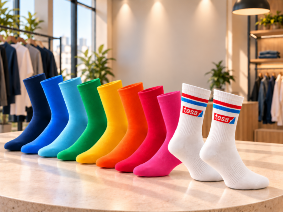 Bunte Socken in Blau, Grün, Gelb, Orange und Pink sowie weiße Sportsocken mit Logo-Branding, aufgereiht in einem modernen Showroom