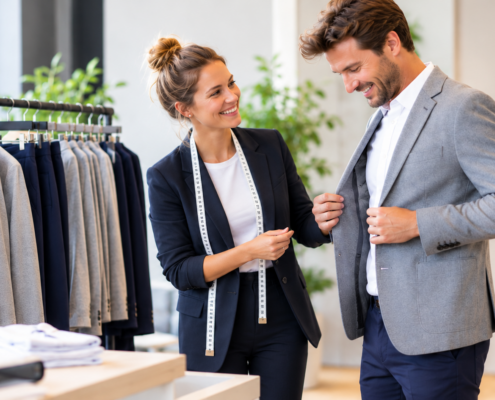 Stilberaterin mit Maßband prüft den Sitz eines grauen Blazers bei einem lächelnden Kunden in einem modernen Showroom