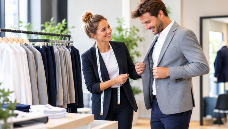 Stilberaterin mit Maßband prüft den Sitz eines grauen Blazers bei einem lächelnden Kunden in einem modernen Showroom